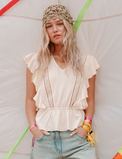 Blouse &agrave; volants ecru femme