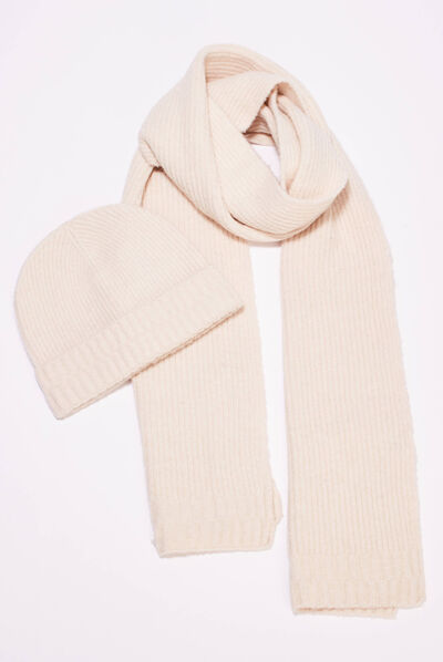 Ensemble écharpe et bonnet beige femme