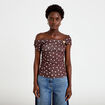 Top pliss&eacute; col bardot sans manches marron femme