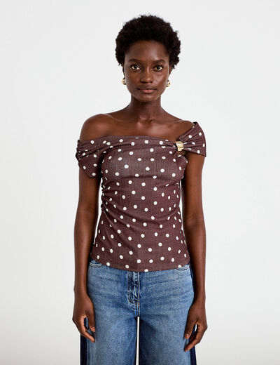 Top pliss&eacute; col bardot sans manches marron femme