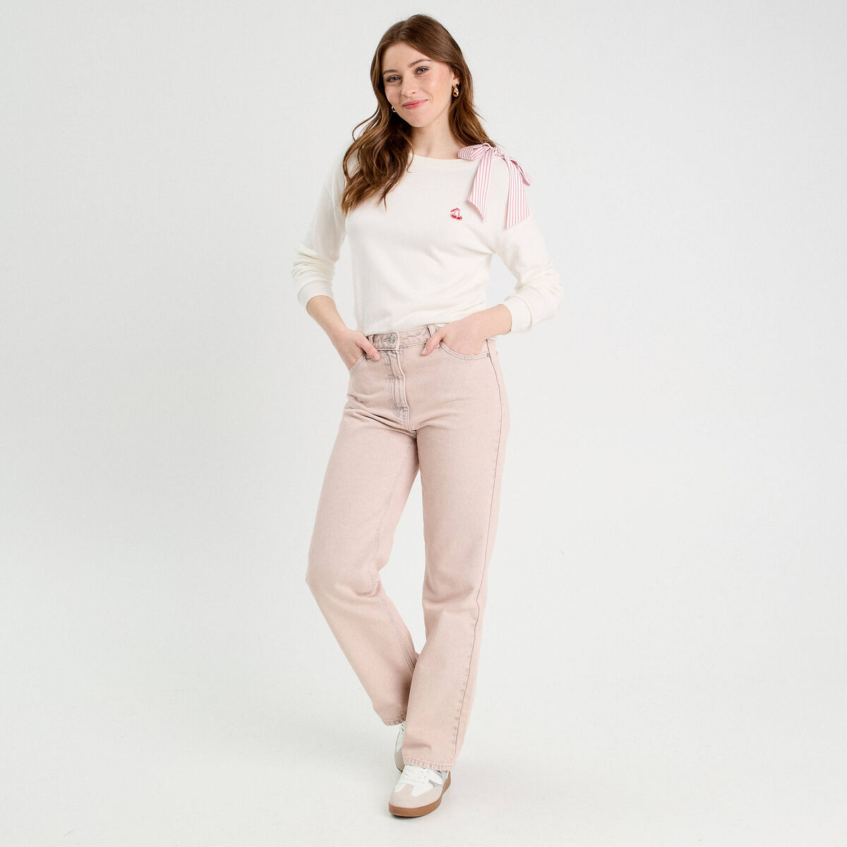 Pull avec noeud épaule ecru femme