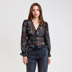 Blouse cintr&eacute;e courte en voile col V noir femme