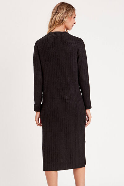 Robe longue droite côtelée noir femme