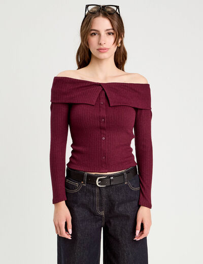 T-shirt c&ocirc;tel&eacute; col bardot violet fonc&eacute; femme