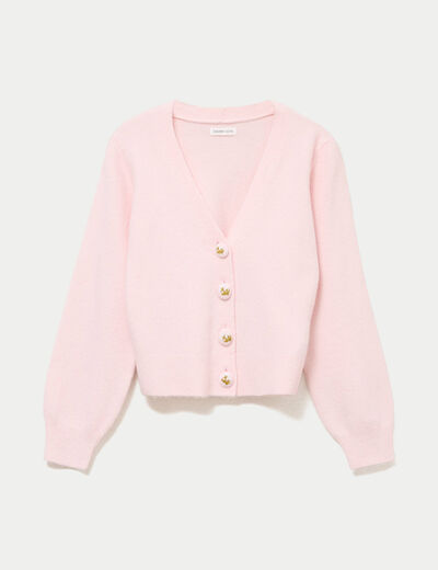 Gilet col v broderie manches longues rose clair femme
