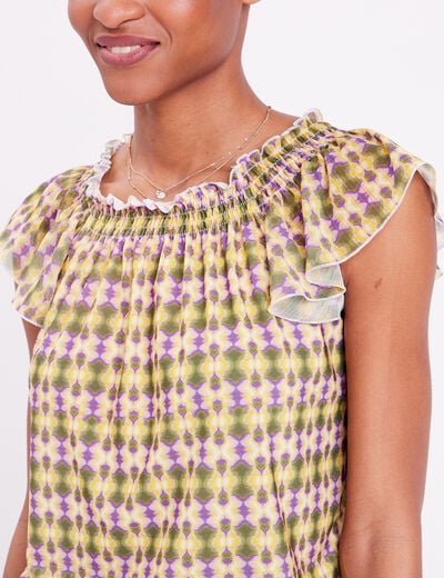 T-shirt manches courtes smocké vert femme