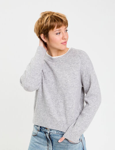 Pull col rond manches longues gris clair femme