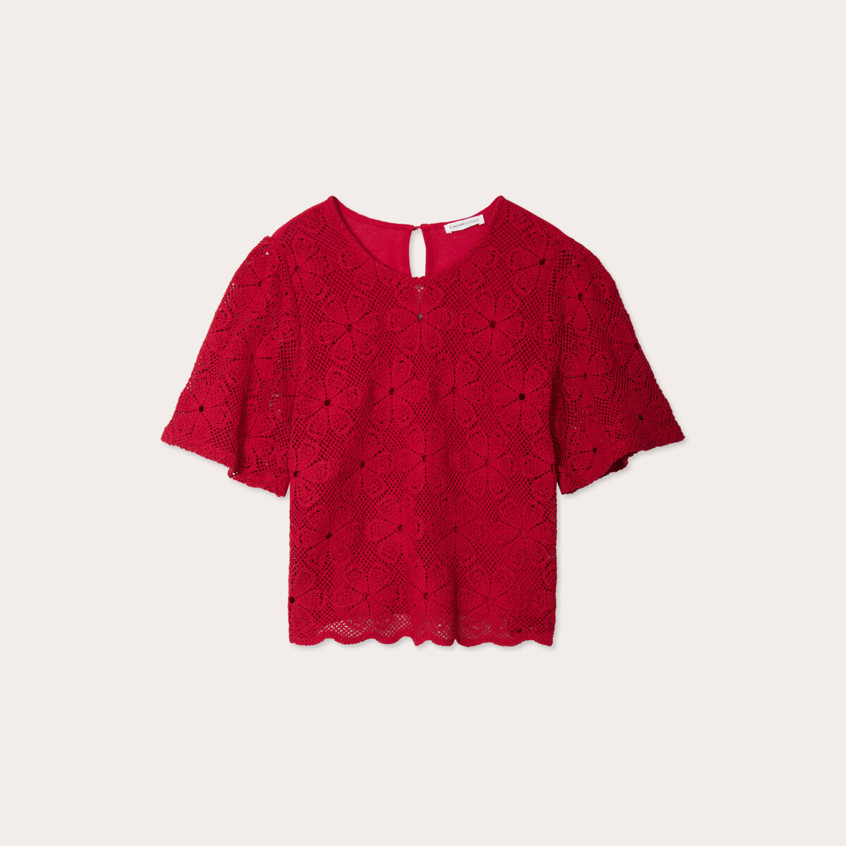 T-shirt dentelle macram&eacute; rouge femme