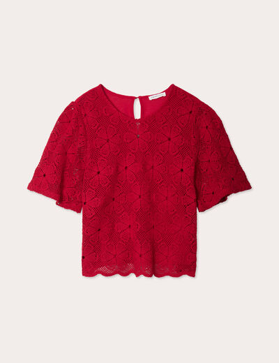 T-shirt dentelle macramé rouge femme