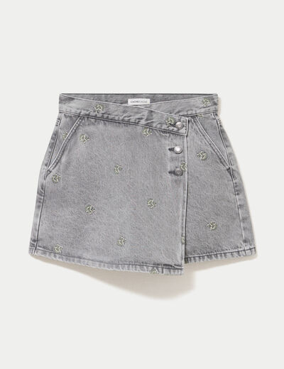 Jupe-short trap&egrave;ze courte taille haute denim gris femme