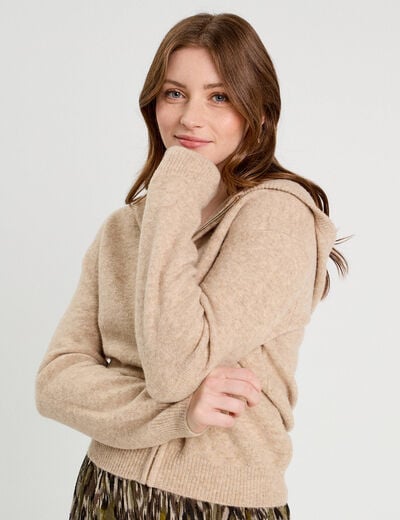 Gilet manches longues capuche beige femme