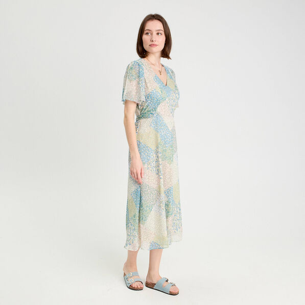 Robe midi évasée col en V bleu pastel femme