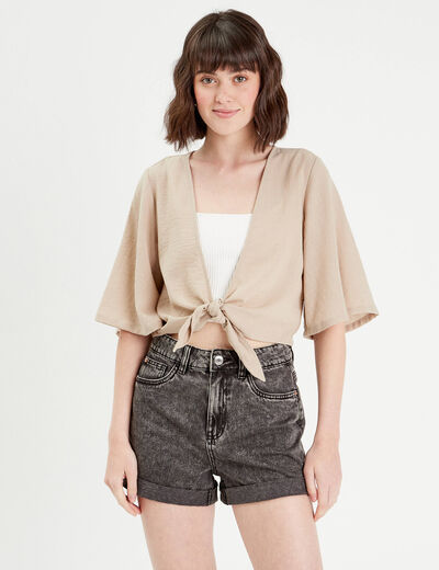 Blouse manches 3/4 nouée beige femme