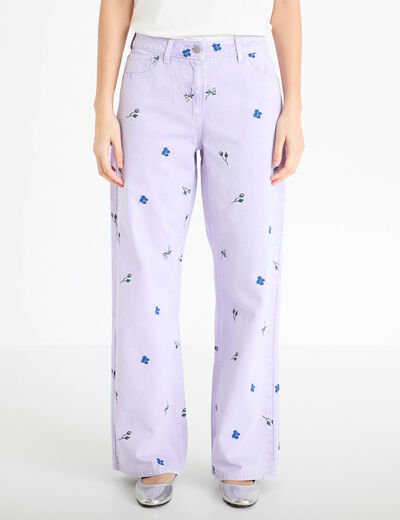 Jean wide leg brod&eacute; Bridgerton mauve femme