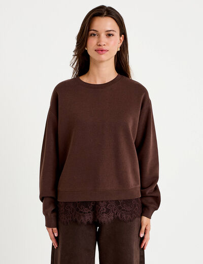 Sweat droit col rond d&eacute;tail dentelle marron fonc&eacute; femme