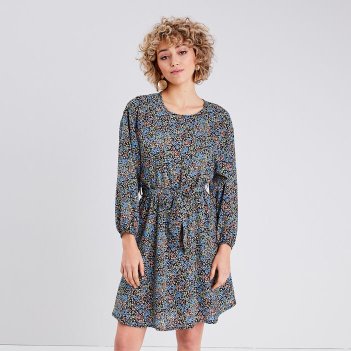Robe évasée ceinturée denim noir femme