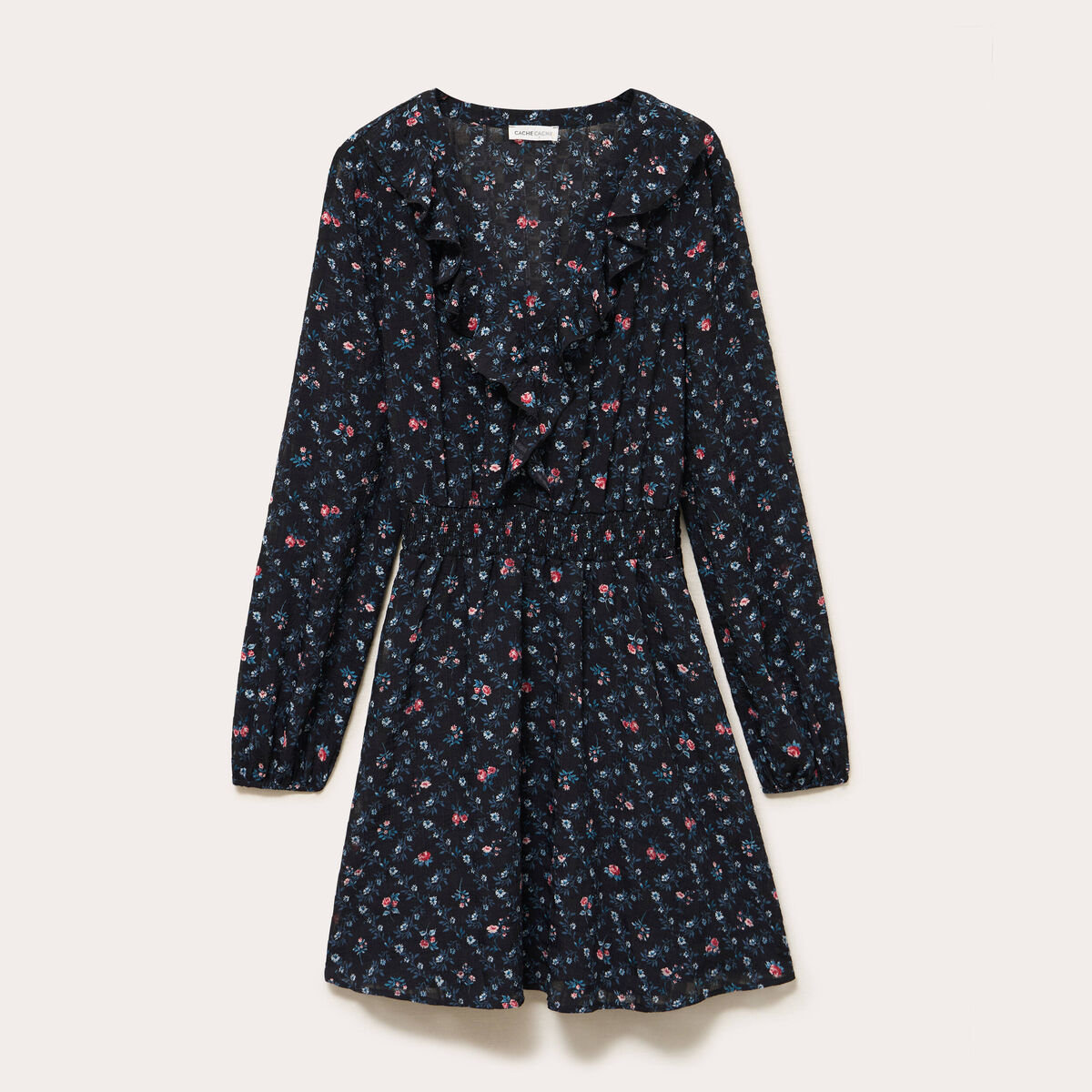 Robe courte &eacute;vas&eacute;e col v manches longues noir femme