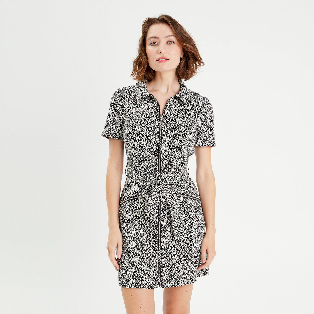 Robe droite zippée ceinturée noir femme
