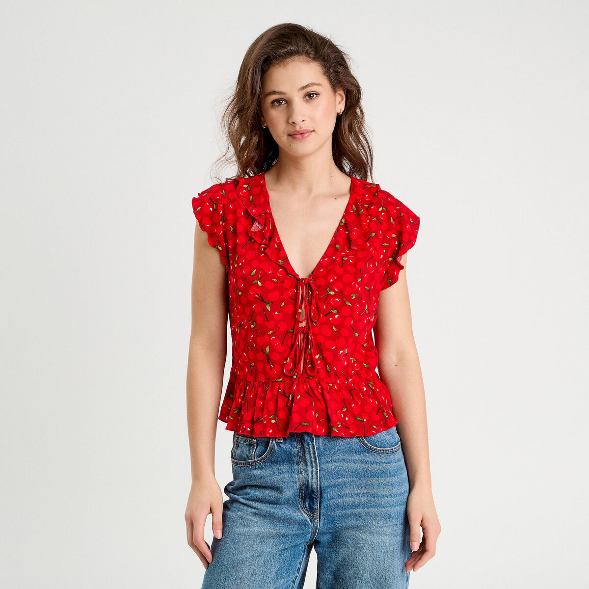Blouse sans manches nouée rouge femme