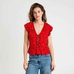 Blouse sans manches nouée rouge femme