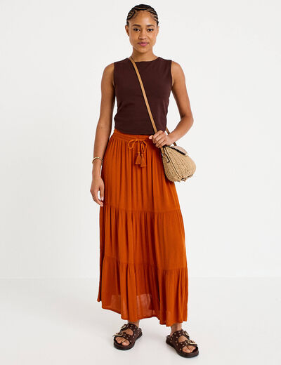 Jupe longue pliss&eacute;e &eacute;vas&eacute;e orange fonc&eacute; femme