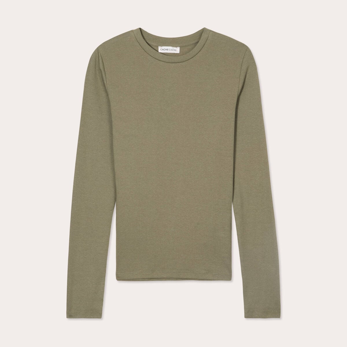 T-shirt cintr&eacute; col rond manches longues vert kaki femme