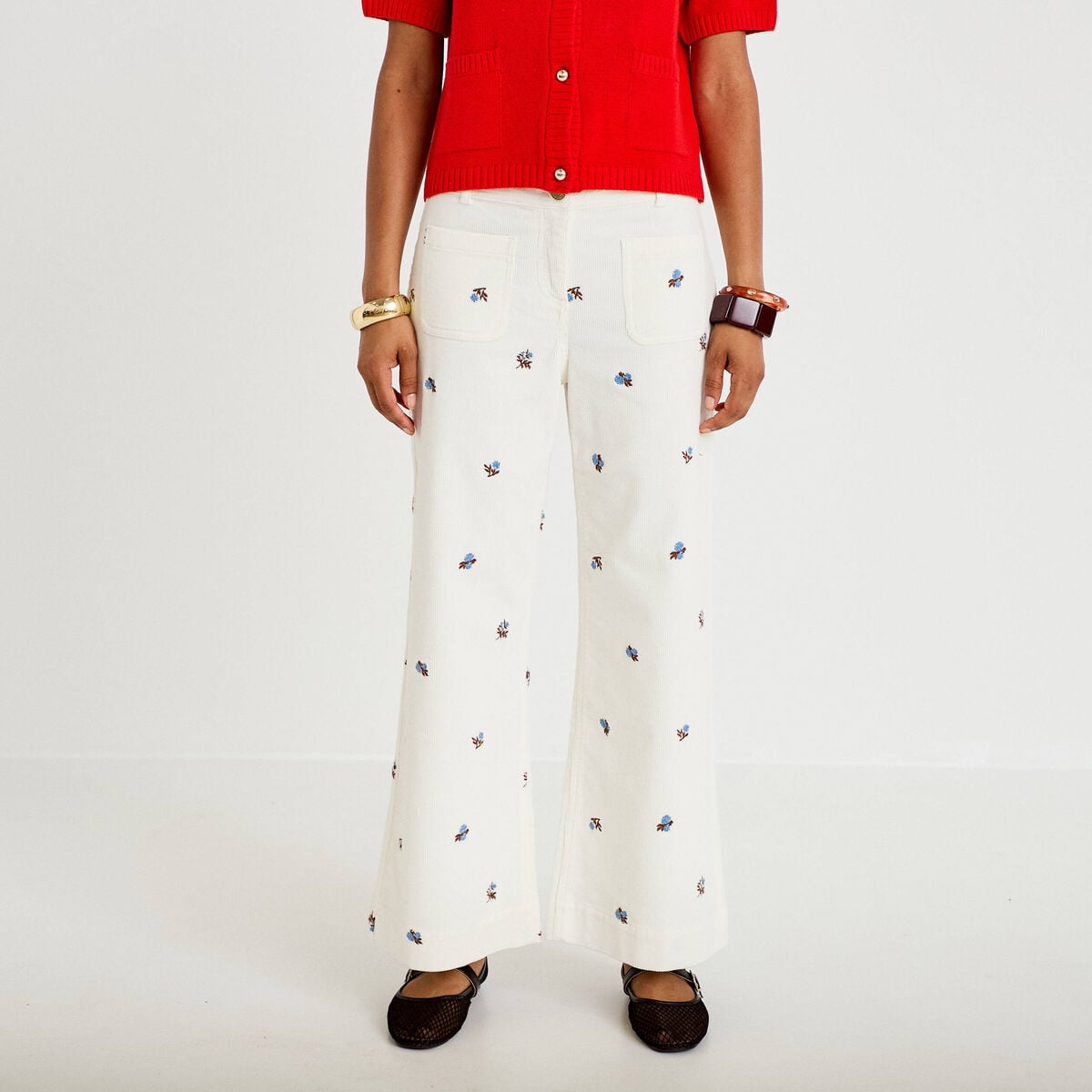 Pantalon bootcut taille haute velours blanc femme