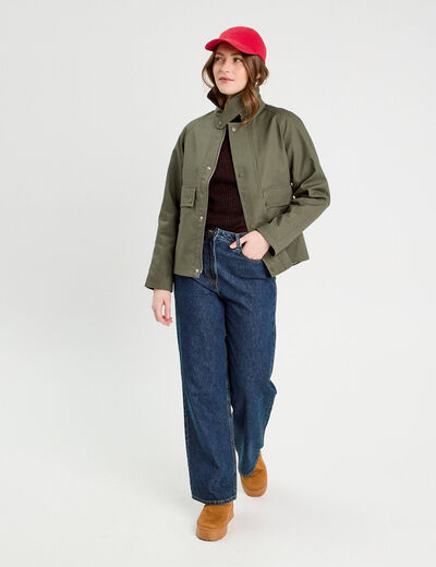 Veste boutonnée col à revers vert kaki femme