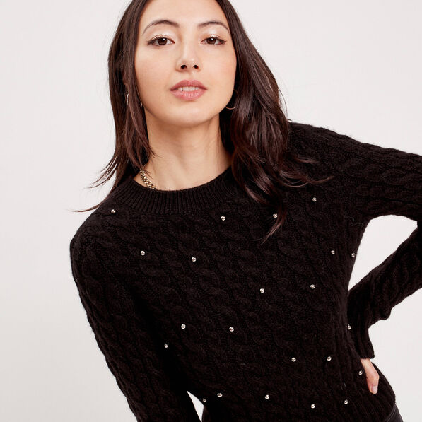 Pull avec torsades et perles noir femme