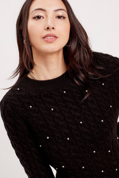 Pull avec torsades et perles noir femme