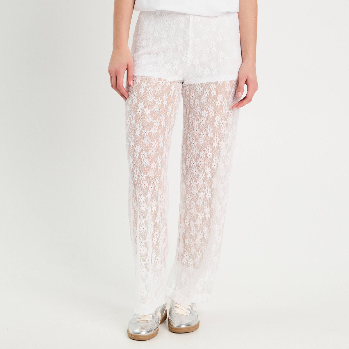 Pantalon dentelle large blanc femme