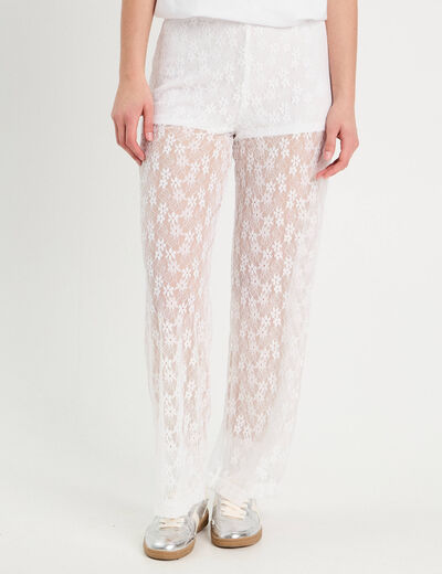 Pantalon dentelle large blanc femme