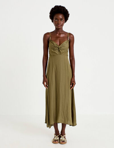 Robe longue &eacute;vas&eacute;e col v satin&eacute;e vert kaki femme