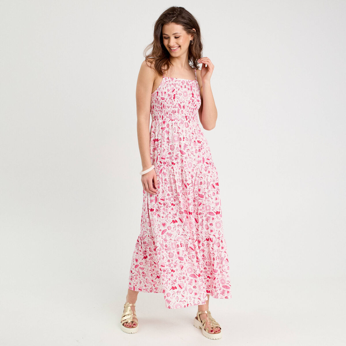 Robe longue évasée smockée rose fushia femme | Vibs