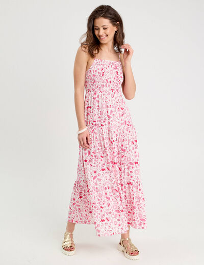 Robe longue évasée smockée rose fushia femme