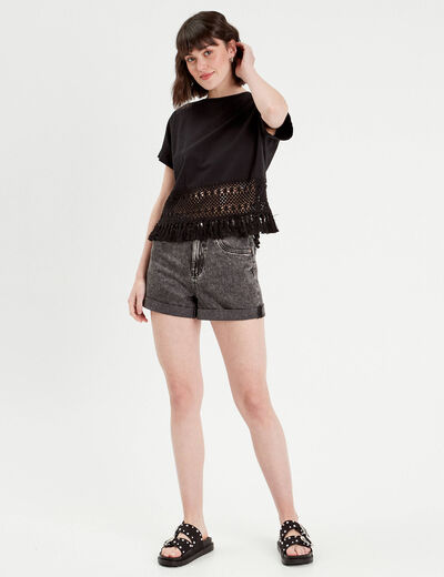 T-shirt franges crochet noir femme