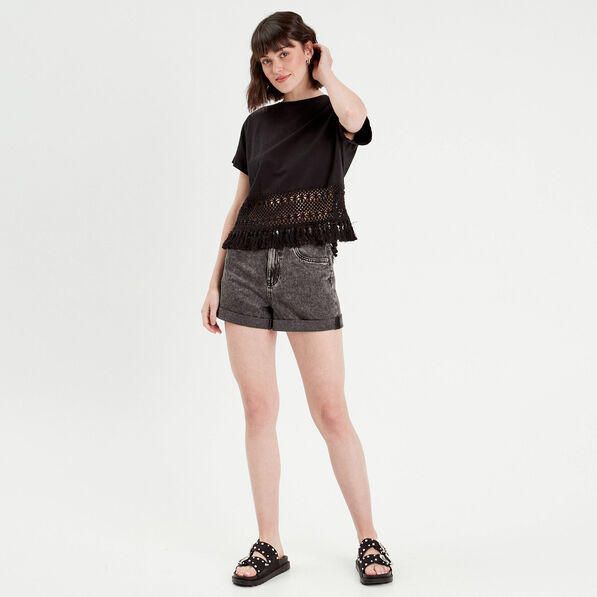 T-shirt franges crochet noir femme