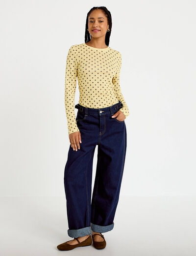 T-shirt ajust&eacute; col rond manches longues jaune clair femme