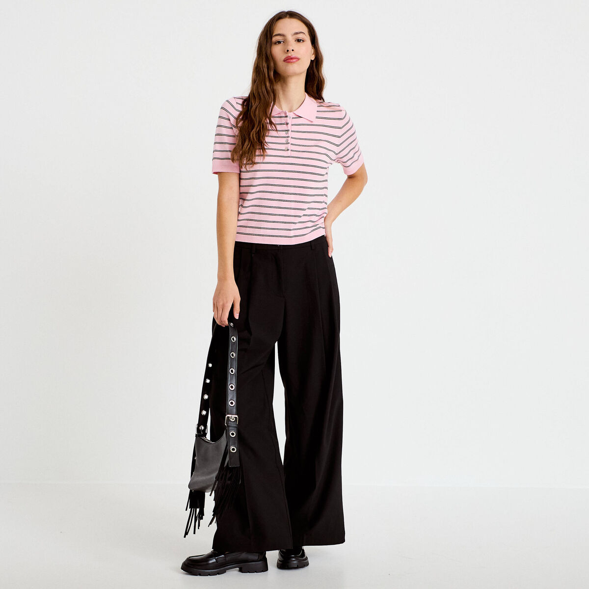 Pantalon large &agrave; pinces noir femme