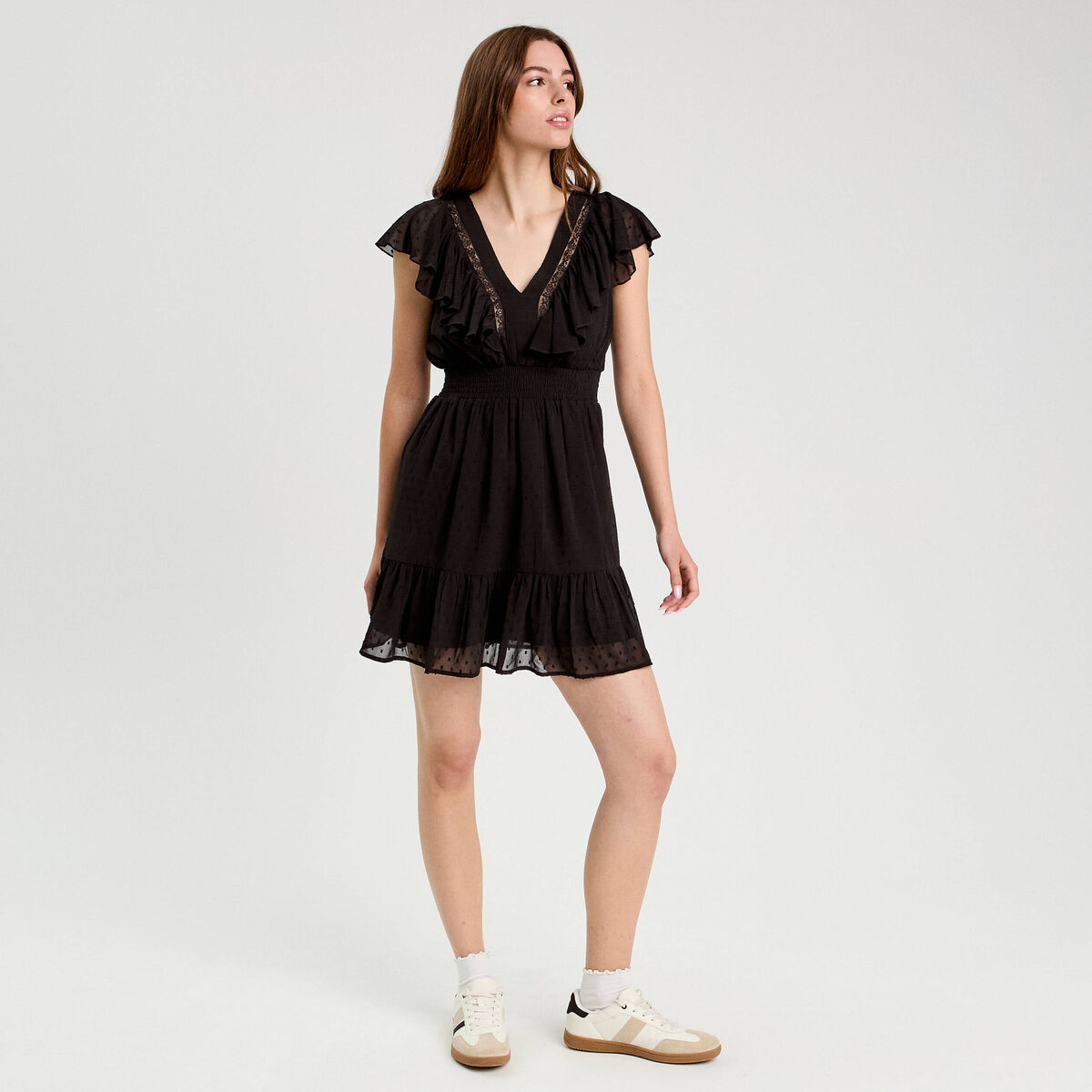 Robe évasée plumetis noir femme