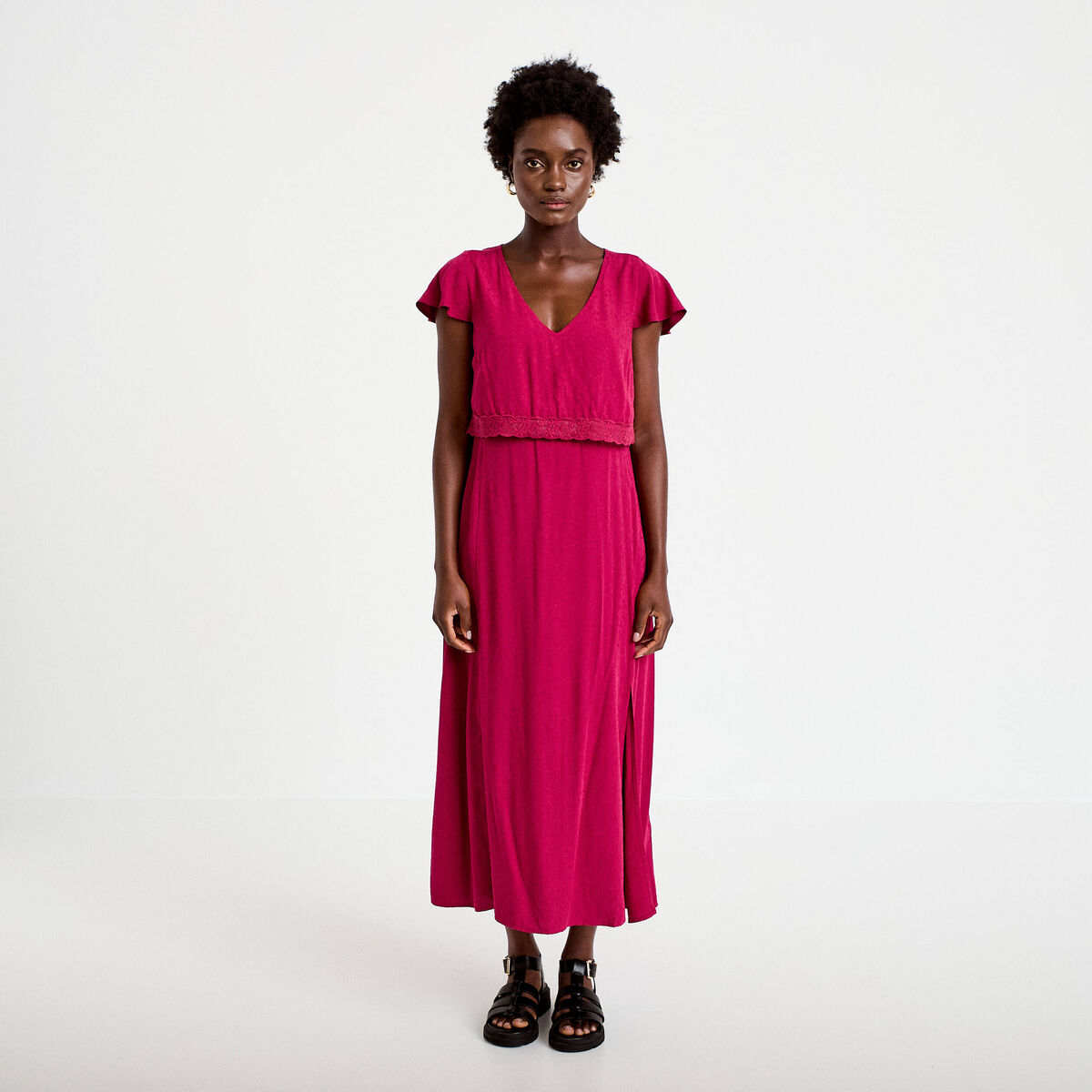 Robe longue droite col v manches courtes rouge femme