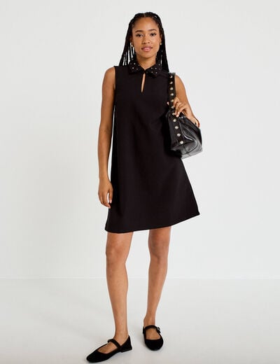 Robe droite courte col chemise clout&eacute;e noir femme