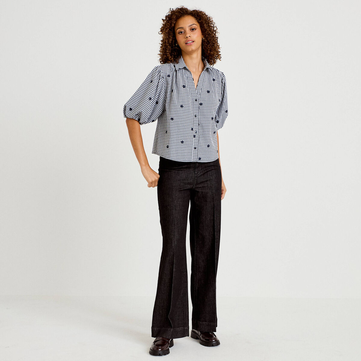 Chemise droite col classique manches 3/4 bleu marine femme