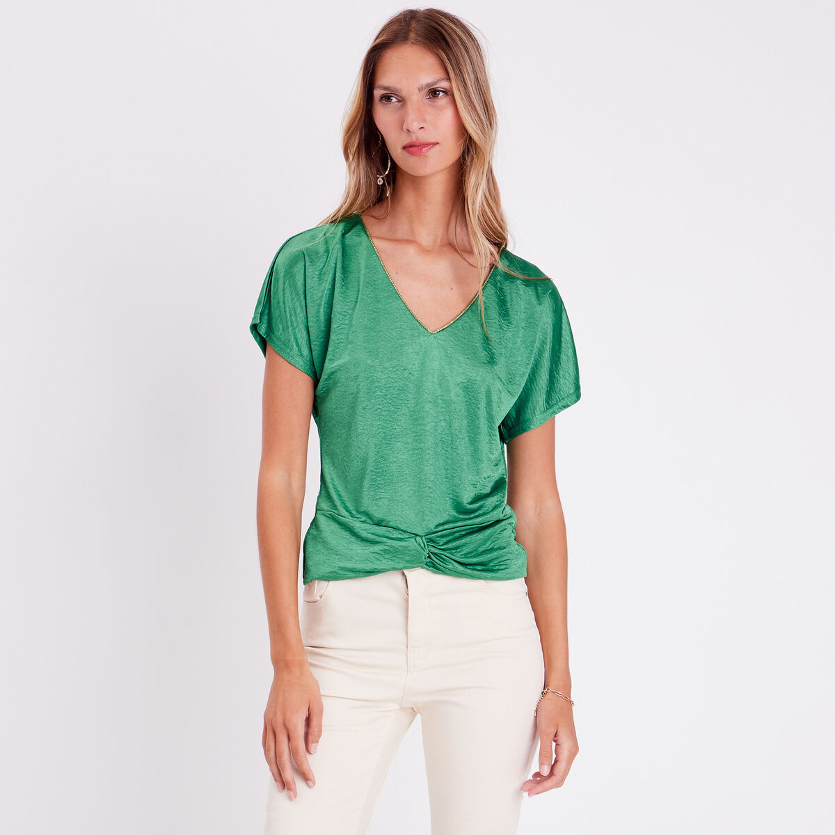 T-shirt manches courtes satiné vert femme