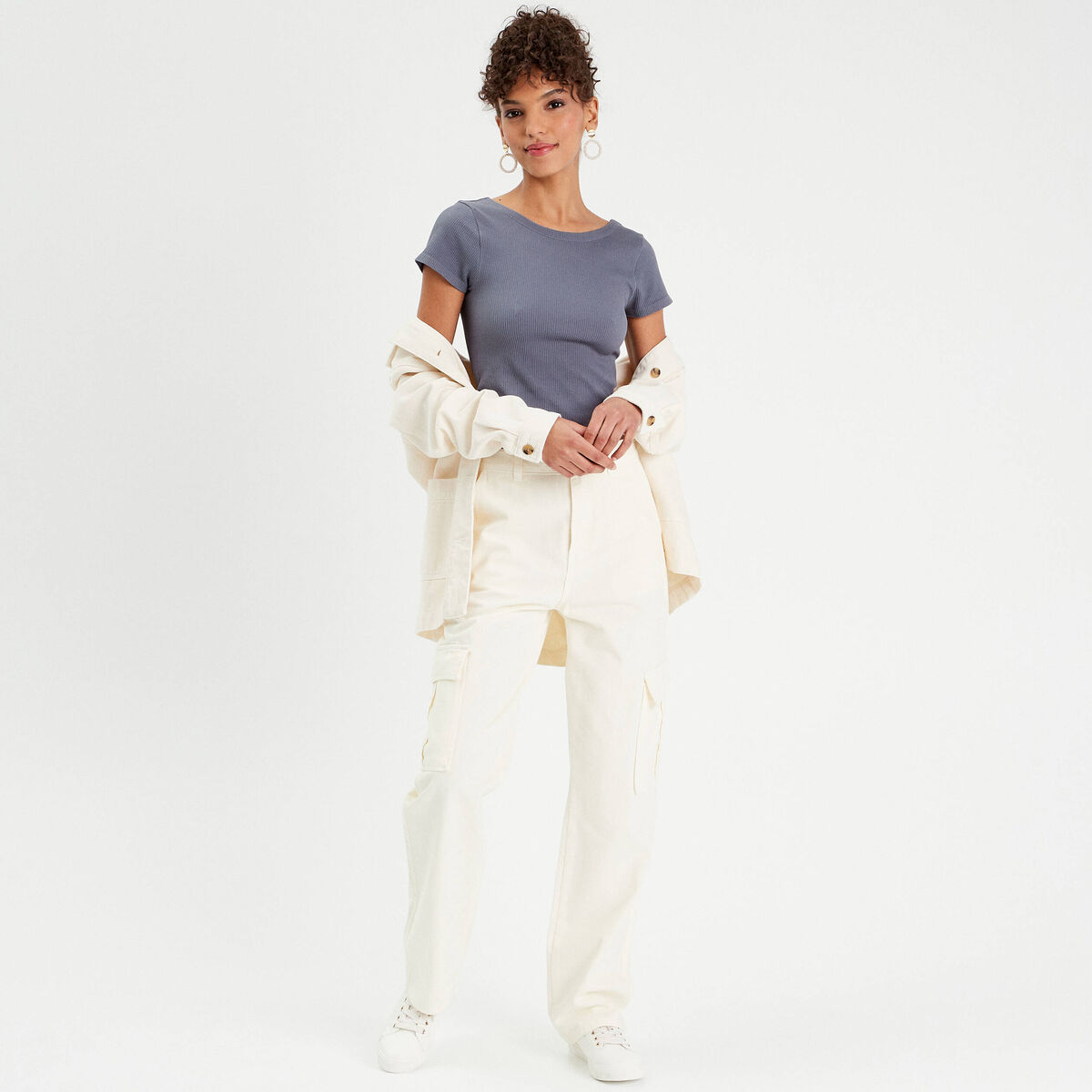 T-shirt manches courtes côtelé bleu gris femme