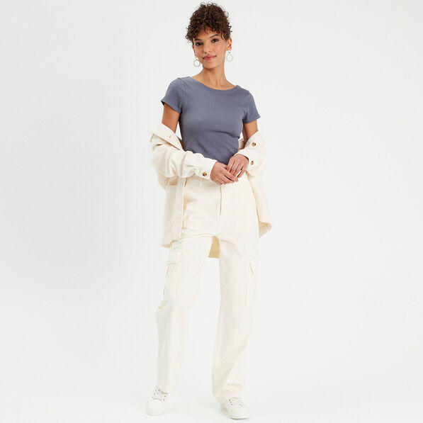 T-shirt manches courtes côtelé bleu gris femme