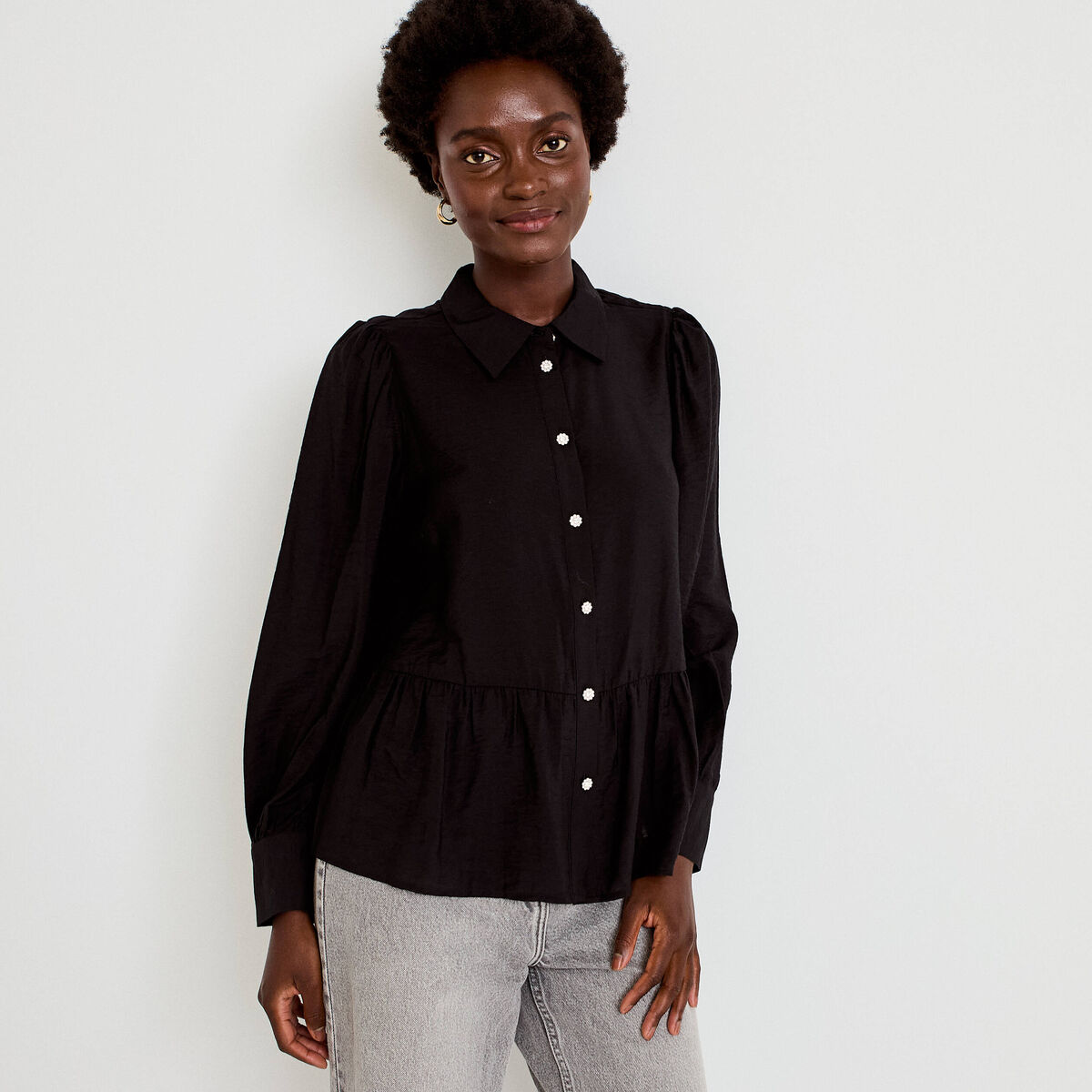 Chemise droite pliss&eacute;e col am&eacute;ricain noir femme