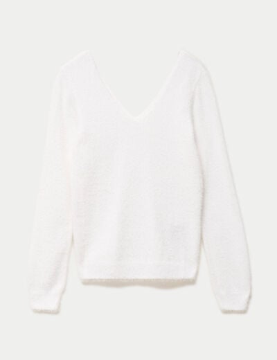 Pull col v manches longues perles ecru femme