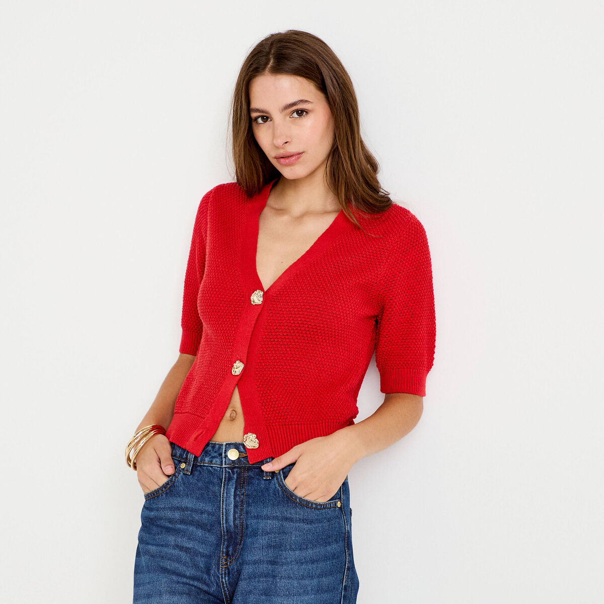 Gilet col v manches courtes rouge femme