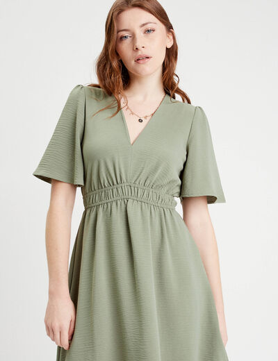 Robe évasée taille élastiquée vert kaki femme